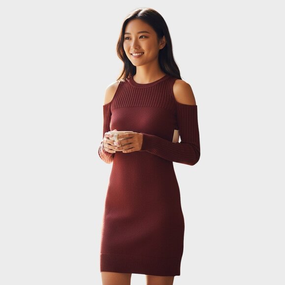 JustFab Dresses & Skirts - JustFab Sweater Dress Womens Small Burgundy Cold Shoulder Ribbed Bodycon Mini